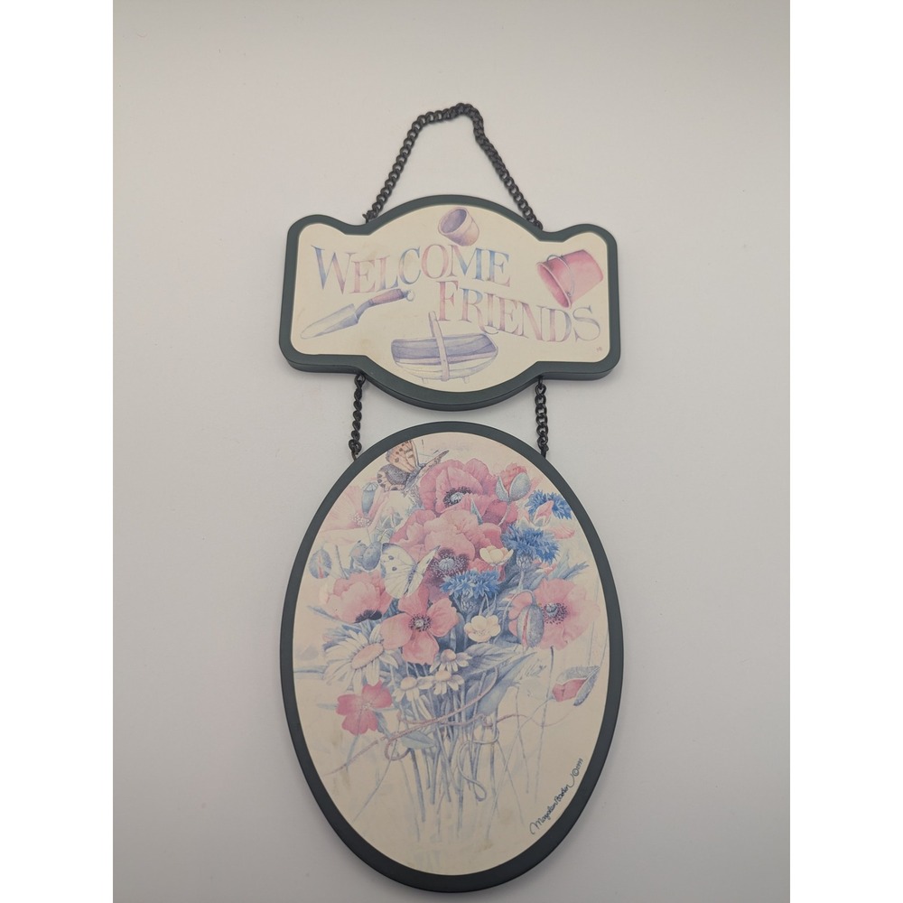 Marjolein Bastin Vintage Welcome Friends Hanging Wall Sign Floral Garden 1999